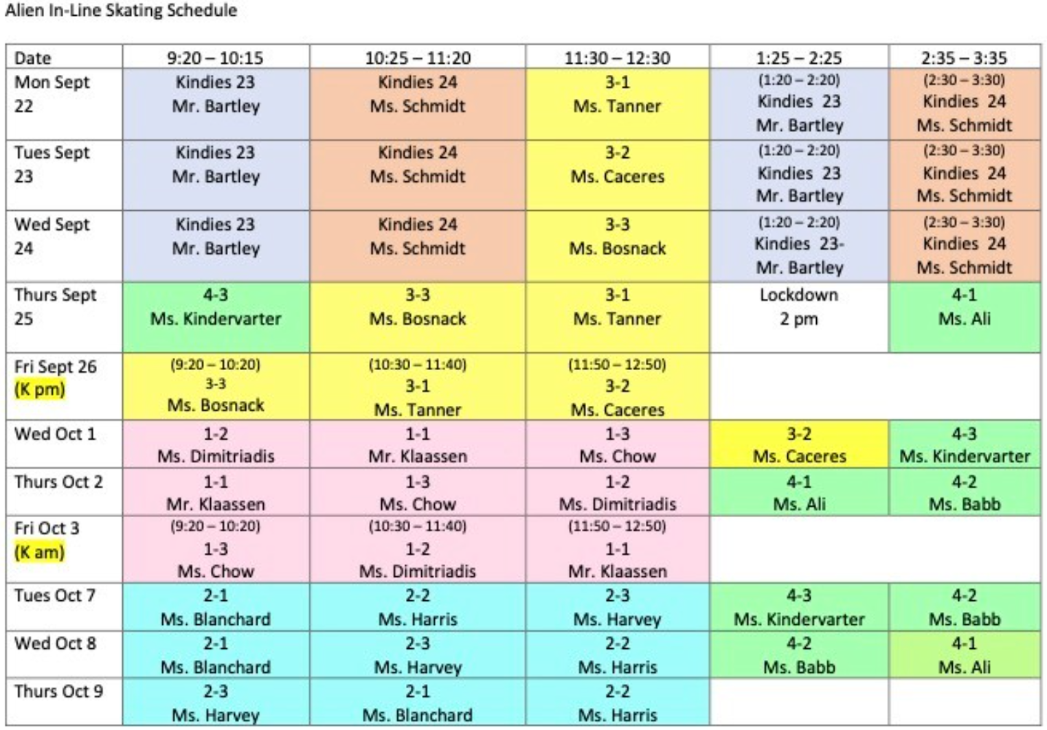 Alien In Line Skating Schedule Sep22 2025